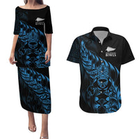 New Zealand Lawn Bowls Custom Couples Matching Puletasi and Hawaiian Shirt Blue Maori Warrior Tribal Silver Fern - Polynesian Pride