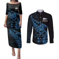 New Zealand Lawn Bowls Custom Couples Matching Puletasi and Long Sleeve Button Shirt Blue Maori Warrior Tribal Silver Fern - Polynesian Pride