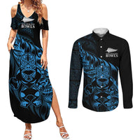 New Zealand Lawn Bowls Custom Couples Matching Summer Maxi Dress and Long Sleeve Button Shirt Blue Maori Warrior Tribal Silver Fern - Polynesian Pride
