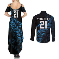 New Zealand Lawn Bowls Custom Couples Matching Summer Maxi Dress and Long Sleeve Button Shirt Blue Maori Warrior Tribal Silver Fern - Polynesian Pride