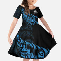 New Zealand Lawn Bowls Custom Family Matching Off Shoulder Short Dress and Hawaiian Shirt Blue Maori Warrior Tribal Silver Fern - Polynesian Pride