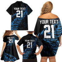 New Zealand Lawn Bowls Custom Family Matching Off Shoulder Short Dress and Hawaiian Shirt Blue Maori Warrior Tribal Silver Fern - Polynesian Pride
