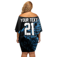 New Zealand Lawn Bowls Custom Family Matching Off Shoulder Short Dress and Hawaiian Shirt Blue Maori Warrior Tribal Silver Fern - Polynesian Pride