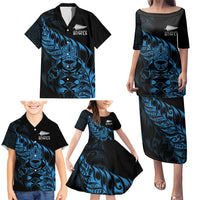 New Zealand Lawn Bowls Custom Family Matching Puletasi and Hawaiian Shirt Blue Maori Warrior Tribal Silver Fern - Polynesian Pride