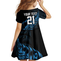 New Zealand Lawn Bowls Custom Kid Short Sleeve Dress Blue Maori Warrior Tribal Silver Fern - Polynesian Pride