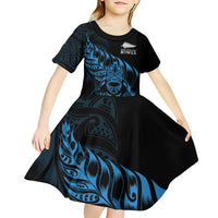New Zealand Lawn Bowls Custom Kid Short Sleeve Dress Blue Maori Warrior Tribal Silver Fern - Polynesian Pride