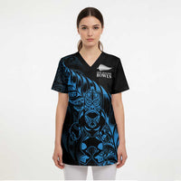 New Zealand Lawn Bowls Custom Scrub Top Blue Maori Warrior Tribal Silver Fern - Polynesian Pride