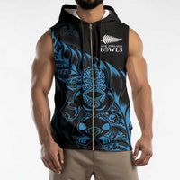 New Zealand Lawn Bowls Custom Sleeveless Zip Hoodie Blue Maori Warrior Tribal Silver Fern LT9 - Polynesian Pride