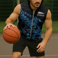 New Zealand Lawn Bowls Custom Sleeveless Zip Hoodie Blue Maori Warrior Tribal Silver Fern LT9 - Polynesian Pride
