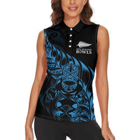 New Zealand Lawn Bowls Custom Women Sleeveless Polo Shirt Blue Maori Warrior Tribal Silver Fern - Polynesian Pride