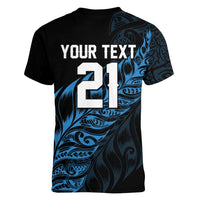 New Zealand Lawn Bowls Custom Women V-Neck T-Shirt Blue Maori Warrior Tribal Silver Fern - Polynesian Pride
