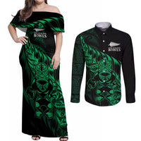 New Zealand Lawn Bowls Custom Couples Matching Off Shoulder Maxi Dress and Long Sleeve Button Shirt Green Maori Warrior Tribal Silver Fern - Polynesian Pride