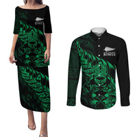 New Zealand Lawn Bowls Custom Couples Matching Puletasi and Long Sleeve Button Shirt Green Maori Warrior Tribal Silver Fern - Polynesian Pride