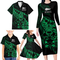 New Zealand Lawn Bowls Custom Family Matching Long Sleeve Bodycon Dress and Hawaiian Shirt Green Maori Warrior Tribal Silver Fern - Polynesian Pride