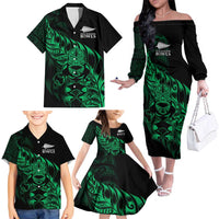New Zealand Lawn Bowls Custom Family Matching Off The Shoulder Long Sleeve Dress and Hawaiian Shirt Green Maori Warrior Tribal Silver Fern - Polynesian Pride