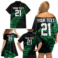 New Zealand Lawn Bowls Custom Family Matching Off Shoulder Short Dress and Hawaiian Shirt Green Maori Warrior Tribal Silver Fern - Polynesian Pride