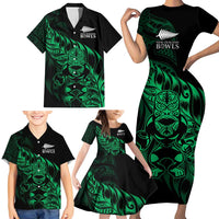 New Zealand Lawn Bowls Custom Family Matching Short Sleeve Bodycon Dress and Hawaiian Shirt Green Maori Warrior Tribal Silver Fern - Polynesian Pride