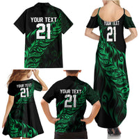 New Zealand Lawn Bowls Custom Family Matching Summer Maxi Dress and Hawaiian Shirt Green Maori Warrior Tribal Silver Fern - Polynesian Pride
