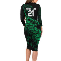 New Zealand Lawn Bowls Custom Long Sleeve Bodycon Dress Green Maori Warrior Tribal Silver Fern - Polynesian Pride