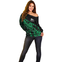 New Zealand Lawn Bowls Custom Off Shoulder Sweater Green Maori Warrior Tribal Silver Fern - Polynesian Pride