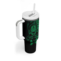 New Zealand Lawn Bowls Custom Tumbler With Handle Green Maori Warrior Tribal Silver Fern - Polynesian Pride