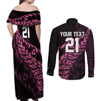 New Zealand Lawn Bowls Custom Couples Matching Off Shoulder Maxi Dress and Long Sleeve Button Shirt Pink Maori Warrior Tribal Silver Fern - Polynesian Pride