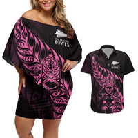 New Zealand Lawn Bowls Custom Couples Matching Off Shoulder Short Dress and Hawaiian Shirt Pink Maori Warrior Tribal Silver Fern - Polynesian Pride