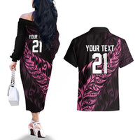 New Zealand Lawn Bowls Custom Couples Matching Off The Shoulder Long Sleeve Dress and Hawaiian Shirt Pink Maori Warrior Tribal Silver Fern - Polynesian Pride
