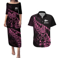 New Zealand Lawn Bowls Custom Couples Matching Puletasi and Hawaiian Shirt Pink Maori Warrior Tribal Silver Fern - Polynesian Pride