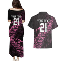 New Zealand Lawn Bowls Custom Couples Matching Puletasi and Hawaiian Shirt Pink Maori Warrior Tribal Silver Fern - Polynesian Pride
