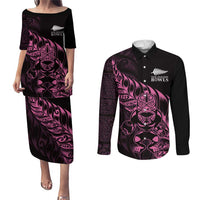 New Zealand Lawn Bowls Custom Couples Matching Puletasi and Long Sleeve Button Shirt Pink Maori Warrior Tribal Silver Fern - Polynesian Pride