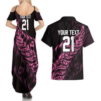 New Zealand Lawn Bowls Custom Couples Matching Summer Maxi Dress and Hawaiian Shirt Pink Maori Warrior Tribal Silver Fern - Polynesian Pride