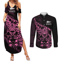 New Zealand Lawn Bowls Custom Couples Matching Summer Maxi Dress and Long Sleeve Button Shirt Pink Maori Warrior Tribal Silver Fern - Polynesian Pride