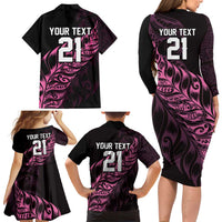 New Zealand Lawn Bowls Custom Family Matching Long Sleeve Bodycon Dress and Hawaiian Shirt Pink Maori Warrior Tribal Silver Fern - Polynesian Pride
