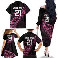 New Zealand Lawn Bowls Custom Family Matching Off The Shoulder Long Sleeve Dress and Hawaiian Shirt Pink Maori Warrior Tribal Silver Fern - Polynesian Pride