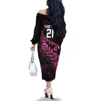New Zealand Lawn Bowls Custom Family Matching Off The Shoulder Long Sleeve Dress and Hawaiian Shirt Pink Maori Warrior Tribal Silver Fern - Polynesian Pride