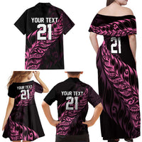 New Zealand Lawn Bowls Custom Family Matching Off Shoulder Maxi Dress and Hawaiian Shirt Pink Maori Warrior Tribal Silver Fern - Polynesian Pride