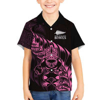 New Zealand Lawn Bowls Custom Family Matching Off Shoulder Short Dress and Hawaiian Shirt Pink Maori Warrior Tribal Silver Fern - Polynesian Pride