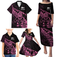 New Zealand Lawn Bowls Custom Family Matching Puletasi and Hawaiian Shirt Pink Maori Warrior Tribal Silver Fern - Polynesian Pride