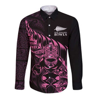 New Zealand Lawn Bowls Custom Long Sleeve Button Shirt Pink Maori Warrior Tribal Silver Fern - Polynesian Pride