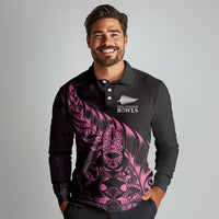 New Zealand Lawn Bowls Custom Long Sleeve Polo Shirt Pink Maori Warrior Tribal Silver Fern - Polynesian Pride