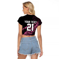New Zealand Lawn Bowls Custom Raglan Cropped T Shirt Pink Maori Warrior Tribal Silver Fern - Polynesian Pride