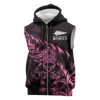New Zealand Lawn Bowls Custom Sleeveless Zip Hoodie Pink Maori Warrior Tribal Silver Fern - Polynesian Pride