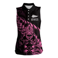 New Zealand Lawn Bowls Custom Women Sleeveless Polo Shirt Pink Maori Warrior Tribal Silver Fern - Polynesian Pride