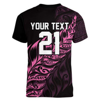 New Zealand Lawn Bowls Custom Women V-Neck T-Shirt Pink Maori Warrior Tribal Silver Fern - Polynesian Pride