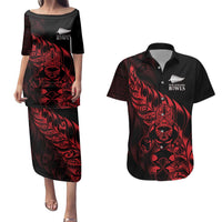 New Zealand Lawn Bowls Custom Couples Matching Puletasi and Hawaiian Shirt Red Maori Warrior Tribal Silver Fern - Polynesian Pride