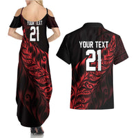 New Zealand Lawn Bowls Custom Couples Matching Summer Maxi Dress and Hawaiian Shirt Red Maori Warrior Tribal Silver Fern - Polynesian Pride