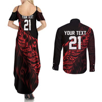 New Zealand Lawn Bowls Custom Couples Matching Summer Maxi Dress and Long Sleeve Button Shirt Red Maori Warrior Tribal Silver Fern - Polynesian Pride