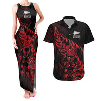 New Zealand Lawn Bowls Custom Couples Matching Tank Maxi Dress and Hawaiian Shirt Red Maori Warrior Tribal Silver Fern - Polynesian Pride