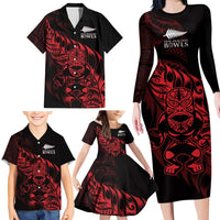 New Zealand Lawn Bowls Custom Family Matching Long Sleeve Bodycon Dress and Hawaiian Shirt Red Maori Warrior Tribal Silver Fern - Polynesian Pride